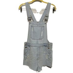 H&M Divided Denim Jean Shorts Overalls SZ 8 Shortall Bib Distressed NWT